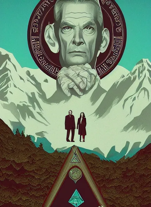 Prompt: Twin Peaks movie poster artwork by Michael Whelan and Tomer Hanuka, Rendering of masonic and kabalistic symbols, from a scene from Twin Peaks, clean, full of detail, Matte painting, trending on artstation and unreal engine