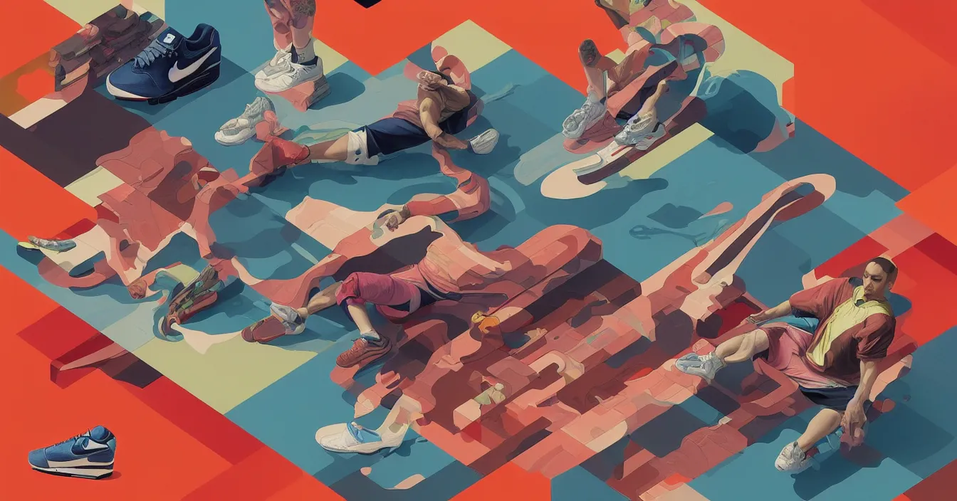 Image similar to excellent painted isometric view of nike air max 1 in foreground, high quality masterpiece painted, patterned background, 4k, trending on artstation, octane render, art by James Jean and artgerm and greg rutkowski and alphonse mucha and craig mullins and James Jean and Andrei Riabovitchev and Marc Simonetti and peter mohrbacher