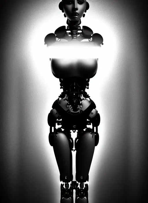 Image similar to surreal mythical dreamy dark artistic black and white fine art fashion portrait photo of a young beautiful delicate female metropolis robot loving the universe, spiritual, halo, glory, rim light, cinematic, studio dramatic light, poetic, masterpiece, octane render, 8 k, photo - realistic by william bouguereau man ray