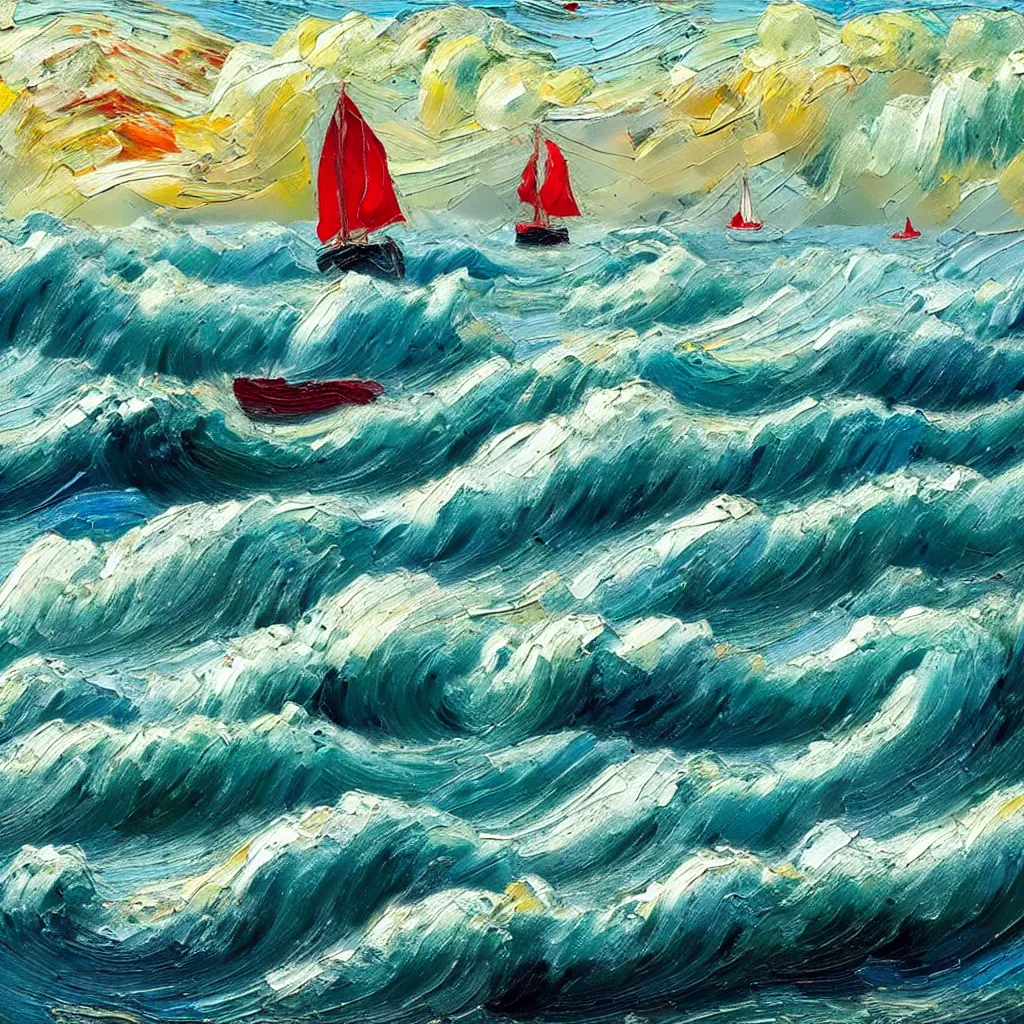 Prompt: Giant threatening beautiful Rolling waves, with a distant, dull red sailed yacht in the style of Jackson Pollack, with lots of stumbling, stumbled thick oil paint and painted in a style of painting similar to Van Gogh but more impasto and less hatching