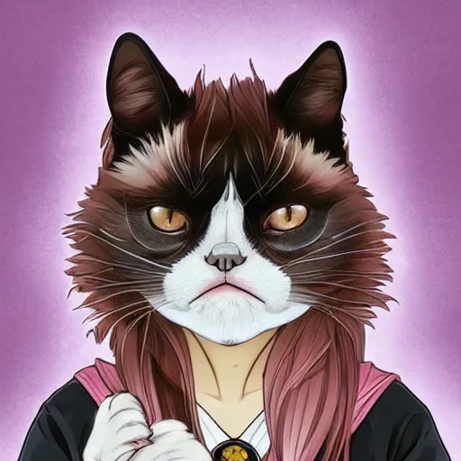 Prompt: Grumpy cat as an anime waifu, anime, weeb, die cut sticker , intricate, elegant, highly detailed, digital painting, artstation, concept art, smooth, sharp focus, illustration, art by artgerm and greg rutkowski and alphonse mucha and francisco goya