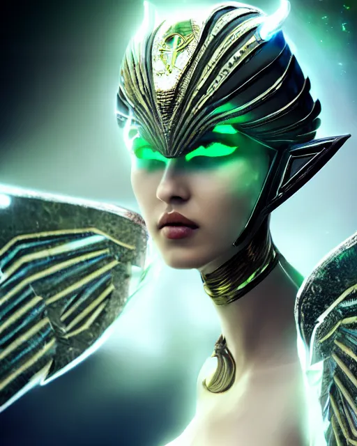 Image similar to sultry egyptian queen wearing white dove wings, warframe armor, regal, attractive, ornate, sultry, elize theron, pretty face, green eyes, scifi platform, 4 k, ultra realistic, epic lighting, illuminated, cinematic, black gold, art by akihito tsukushi, voidstar