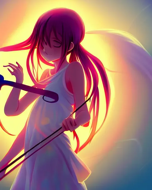 Image similar to anime style, vivid, colorful, full body, a cute girl with white skin and long pink wavy hair holding a violin and playing a song, heavenly, stunning, realistic light and shadow effects, happy, centered, landscape shot, happy, simple background, studio ghibly makoto shinkai yuji yamaguchi