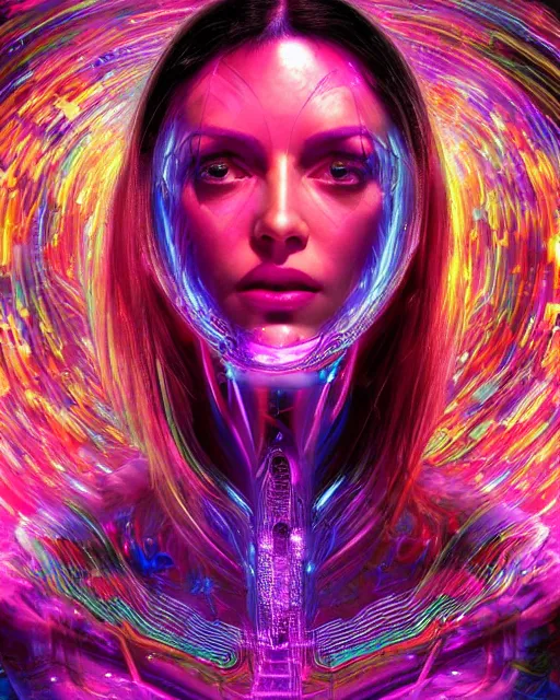 Image similar to a powerful energy psychedelic matrix woman, by alexander fedosav, hyper detailed digital matte painting, concept art, hyperrealism, 1 6 k resolution, cinema 4 d, 8 k resolution, trending on artstation, behance hd, a masterpiece, by stephan martiniere, particles, cel - shaded, power bright neon energy, by david a. hardy,