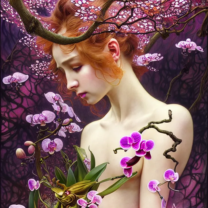 Prompt: psychedelic creature, orchid, cherry blossom tree, mushrooms, diffuse lighting, fantasy, intricate, elegant, highly detailed, lifelike, photorealistic, digital painting, artstation, illustration, concept art, smooth, sharp focus, art by John Collier and Albert Aublet and Krenz Cushart and Artem Demura and Alphonse Mucha and Giuseppe Arcimboldo