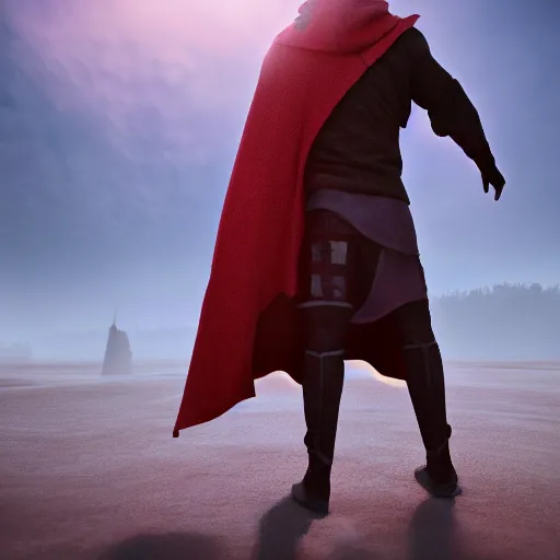 Image similar to view from the back warrior holding two swords, full body worn out damaged cape, red hoodie, worn out clothes, floating spiral sand, concept art, volumetric light, full body shot, 8K, trending on artstation