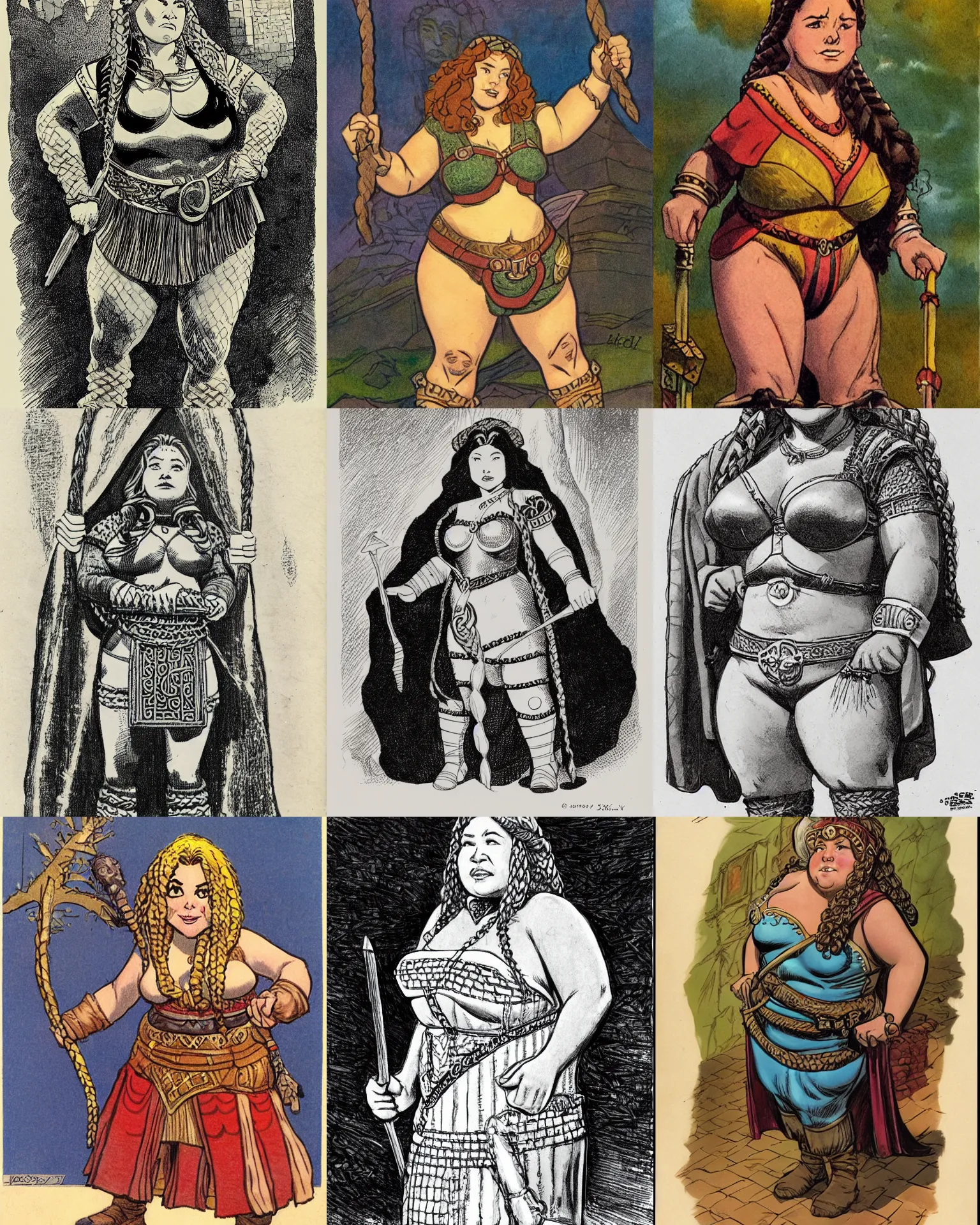 Prompt: female dwarven noblewoman, chubby short stature, braided intricate hair, by jack kirby crosby