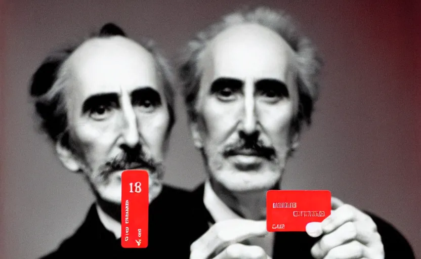 Image similar to movie still close-up portrait of Christopher Lee as a Victorian inventor proudly holding a small red plastic card with see-through holes punched in it, by David Bailey, Cinestill 800t 50mm eastmancolor, heavy grainy picture, very detailed, high quality, 4k, HD criterion, precise texture and facial expression