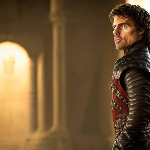 Image similar to Film still of Tom Cruise as Tyrion Lannister. Extremely detailed. Screenshot. 4K. Cinematic lighting.