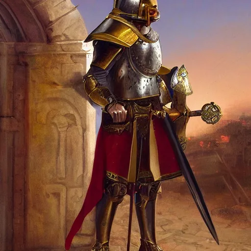 Prompt: man in decorated with gold 15 century crusader armor, helmet and white cape with cross holding decorated with gold sword on it standing at the gates of jerusalem drawn by greg rutkowski realistic high detail