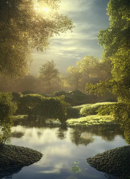 Image similar to photography of an ethereal pond with a central glare, mystical masterpiece, epic, cinematic, hyperealistic, high detailed, corona render, hdr, ray tracing