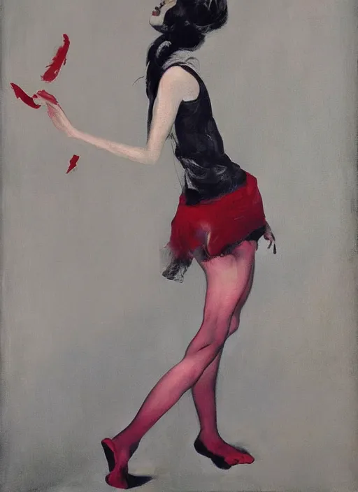 Image similar to a gorgeous asian college girl standing on the knees, frozen cold stare, blood red background, transparent gray skirts, stockings, crows swarming trapped in the void as a symbol of death, in style of surrealism of Francis Bacon painting, Ilya Kuvshinov, John Singer Sargant, Chaim Soutine and Frank Auerbach, American Gothic, 8k, ultradetailed