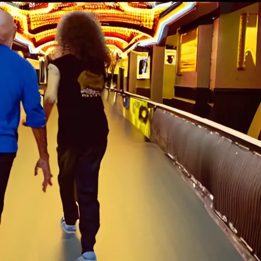 Image similar to kenny g and patrick stewart skateboarding at dave & busters, epic, cinematic, realism, ultra detailed, 8 k