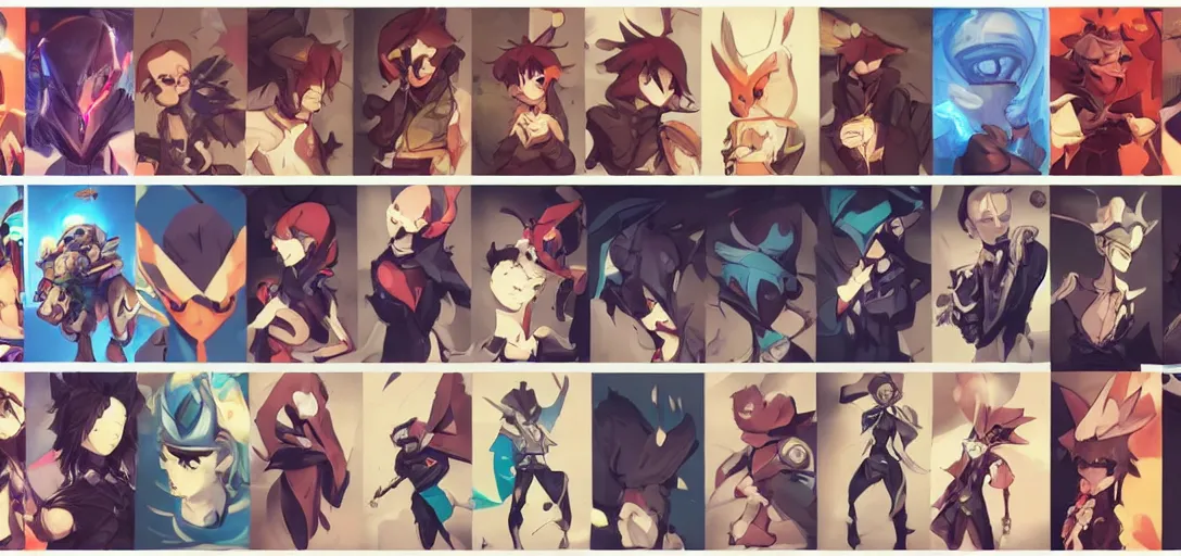 Image similar to concept art of male video game characters head designs, disgaea, flcl, hearthstone, unique silhouettes, cute casual streetwear, by marc brunet and artgerm