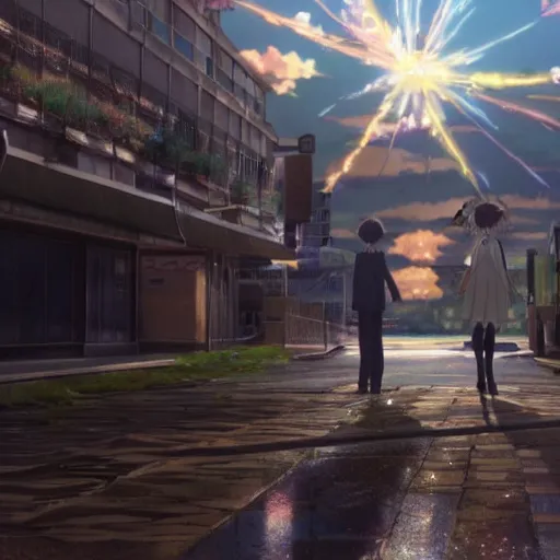 Prompt: a still from Your name is Madoka, a new anime movie by Makoto Shinkai