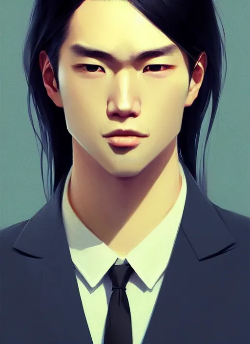 Image similar to a man in his twenties, handsome, asians ， long hair, suit ， perfect face, symmetric eyes, sharp focus, specular reflection, occlusion shadow, artstation, by ilya kuvshinov and jeremy lipking, light novel cover art, 3 d epic illustrations, symmetric body