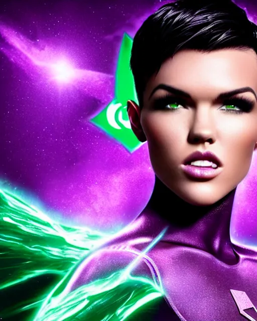 Prompt: photos of beautiful actress Ruby Rose with flawless skin and no tattoos colored as the purple skinned Green Lantern soranik natu as she soars thru outer space,Ruby Rose, photogenic, purple skin, short black pixie like hair, particle effects, photography, studio lighting, cinematic