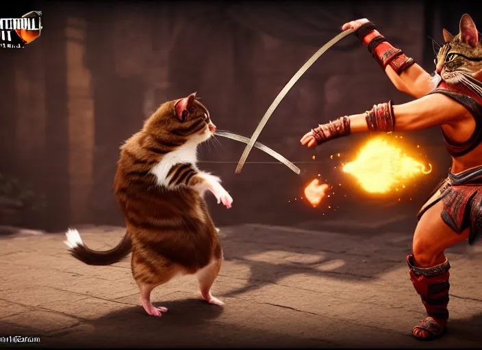 Image similar to hamster fights a cat in mortal kombat on the background of a cheering shao khan. fantasy magic style. highly detailed 8 k. intricate. lifelike. soft light. sony a 7 r iv 5 5 mm. unreal engine with nanite and path tracing