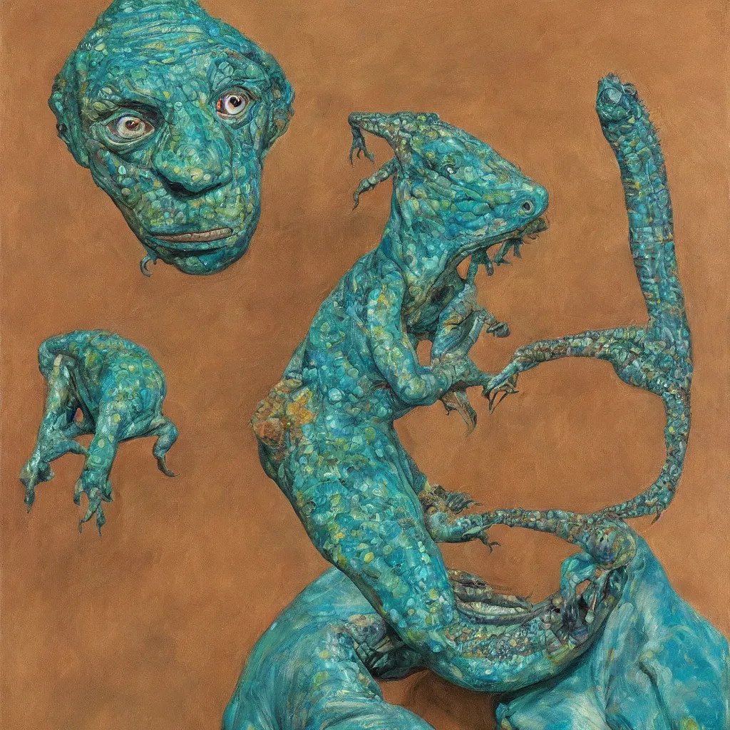 Prompt: high quality high detail painting by lucian freud, jenny savile, unsettling portrait of the lizard man, turquoise, hd