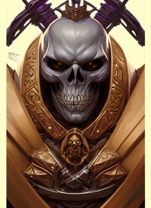 Image similar to symmetry! portrait of skeletor, d & d, muscular!! angry!!! armour, fantasy, intricate, elegant, highly detailed, digital painting, artstation, concept art, smooth, sharp focus, illustration, art by artgerm and greg rutkowski and alphonse mucha