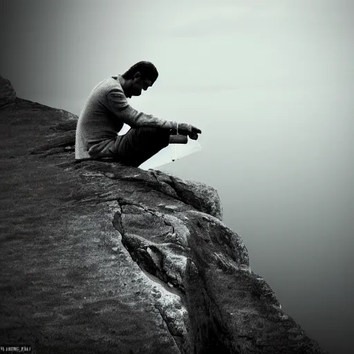 Image similar to a lonesome man, sitting on a cliff on a very rainy day, taking a drag from a cigarette as he watches his life fall apart