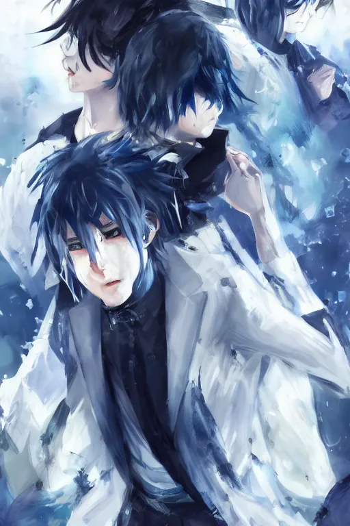 Image similar to anime boy with messy blue hair wearing black long jacket beside another shorter boy with wavy white hair in white formal clothes, wlop, concept art, digital painting, trending on artstation, highly detailed, epic composition, 8 k uhd