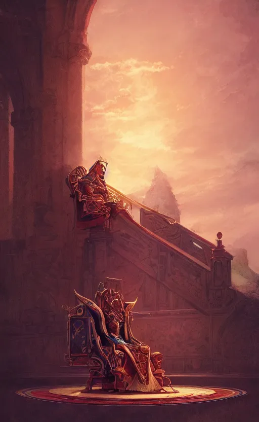 Prompt: a beautiful artwork illustration, a king sitting on his throne in a grand hall at sunset, by greg rutkowski and jesper ejsing and raymond swanland, featured on artstation, wide angle, vertical orientation