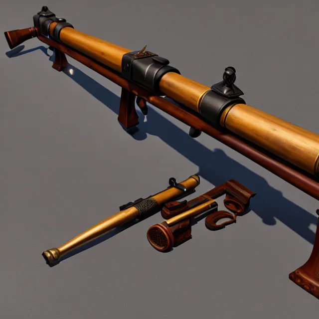 Prompt: wrought - iron cannon gun arquebus with wooden intarsia grip and telescopic sight, unreal engine, 8 k render