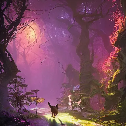 Image similar to cats walking through a magical forest, fantasy, intricate, elegant, highly detailed, digital painting artstation, blender, unreal engine 5, octane render, smooth, sharp focus, illustration, by Anton Fadeev and Philipp A. Urlich and Pengzhen Zhang and Andreas Rocha