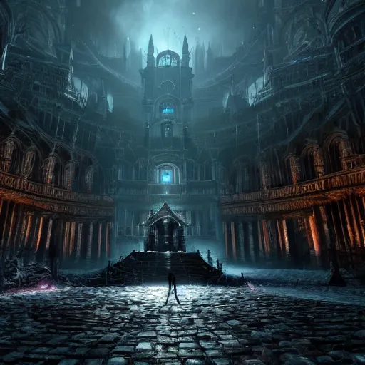 Image similar to a stunning screenshot of an underground city in Bloodborne, masterpiece, hyper-detailed