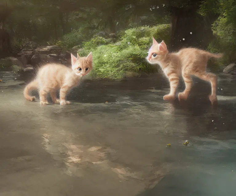 Image similar to a painting of a cute light beige brown kitten at a river. character design by cory loftis, fenghua zhong, ryohei hase, ismail inceoglu and ruan jia. volumetric light, detailed, rendered in octane