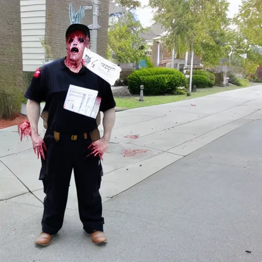 Image similar to zombie mailman, full body shot