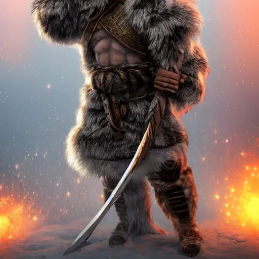 Image similar to a dnd barbarian half frost giant wearing a fur coat, shoulder armor and holding an axe, high resolution film still, 4k, HDR color