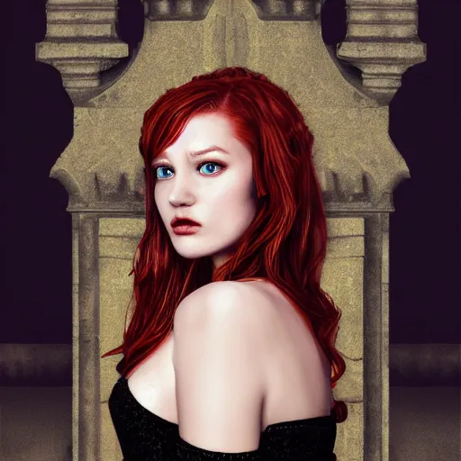 Image similar to redhead girl in black dress in beautiful castle, black pearls and golden gems, glowing eyes, light freckles, portrait, conceptart, medium shot, unreal, octane, symmetrical, photorealism