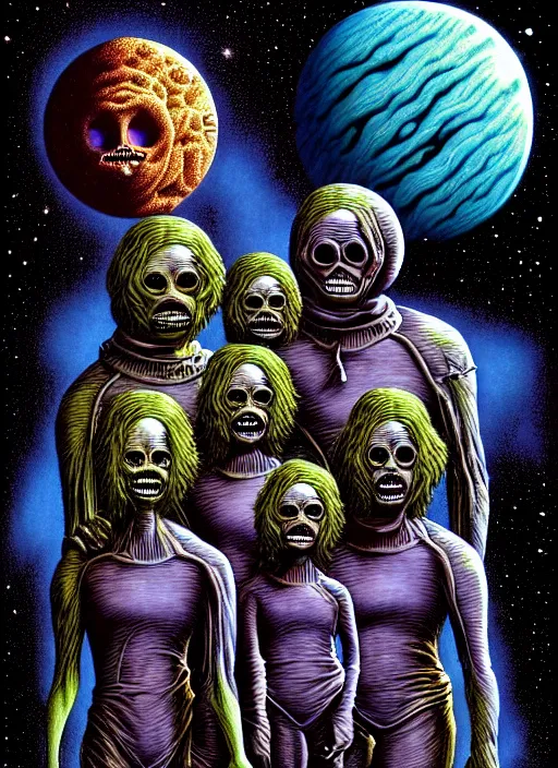 Prompt: detailed image of a creepy family in the deep space by richard corben, rich deep colors. masterpiece . intricate artwork, cinematic, hyper realism, high detail, unreal engine, 8k, Smooth gradients, High contrast, depth of field, Vibrant colors, very coherent symmetrical artwork. clean ink detailed line drawing, intricate detail, extremely detailed.