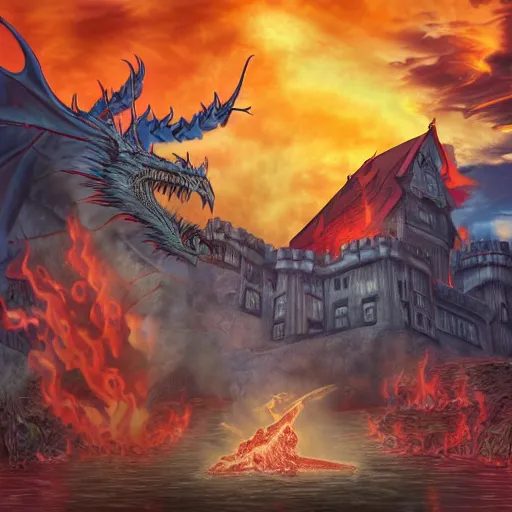 Prompt: a cartoonish photo of a castle near the river and a dragon in the flames flying by