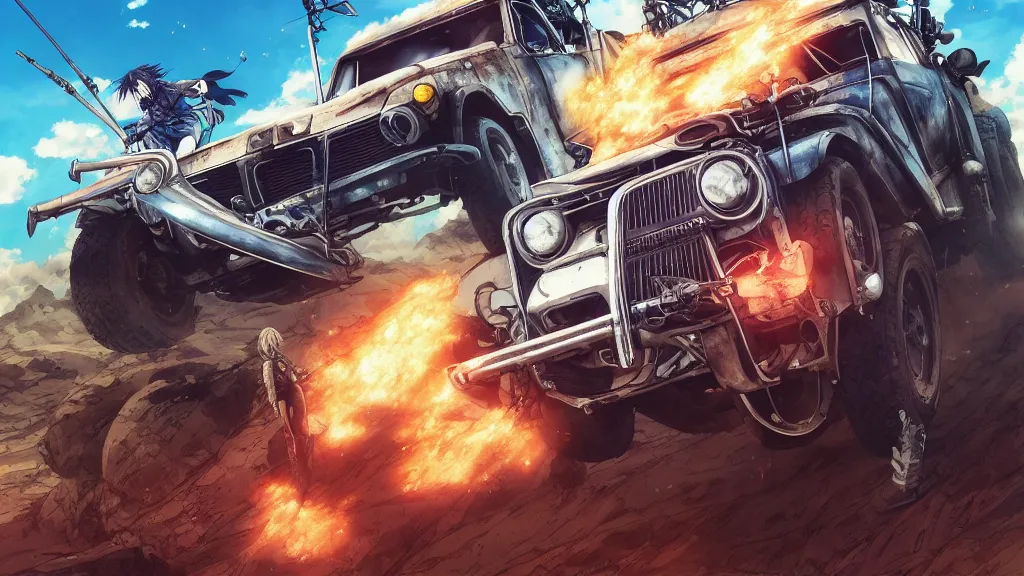 Image similar to anime illustration of mad max's fj 4 0 pursuit special riding fury road eternal shiny and chrome, world of fire and blood, the last v 8 interceptor driving down to the gates of valhalla highway, by makoto shinkai, ilya kuvshinov, lois van baarle, rossdraws, basquiat, global illumination ray tracing hdr