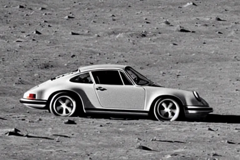 Image similar to vintage photo of a porsche 911 on the moon being driven by an astronaut. apollo moon landing