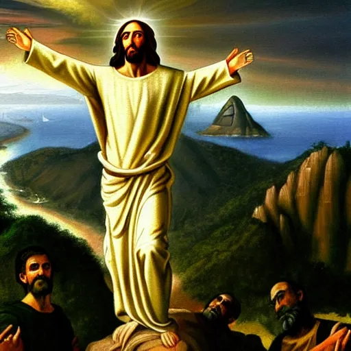 Prompt: a painting of a humanized version of christ the redeemer in rio de janeiro, renaissance style