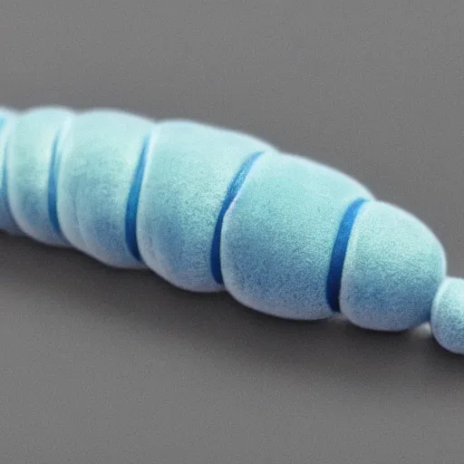 Image similar to studio photograph of a matte gray catterpillar with a neon blue head