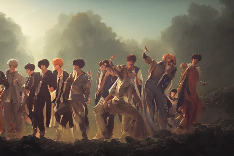 Prompt: an ultra detailed matte portrait of the bts singers in a baroque style, 8 k, volumetric lighting, smooth, highly detailed, digital illustration, art by greg rutkowski and akira toriyama and artgerm