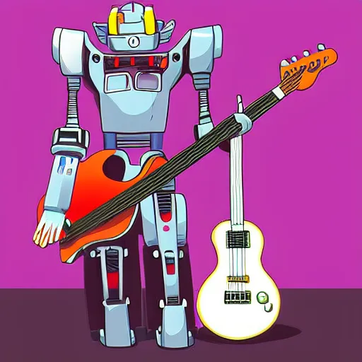 Prompt: A cell animation of a robot playing guitar, macross, gundam, ghibli style, illustration, anime, trending on artstaion