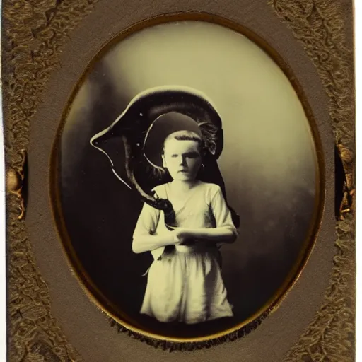 Image similar to tintype photo, floating underwater, child with huge squid