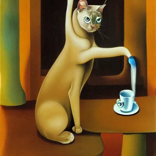 Prompt: A portrait of a siamese cat with long neck drinking coffee, oil painting by Salvador Dali