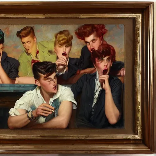 Prompt: three male teens wearing rockabilly outfits and eating lemon popsicles while looking at a woman by gaston bussiere, craig mullins, j. c. leyendecker 8 k