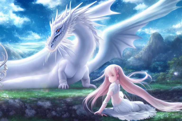 Image similar to a vast scene, panorama distant view, beautiful princess lie on the ground be surrounded snuggle by a huge silver white dragon, in the white clouds fairyland center, anime key visual of white dragon and girl, finely detailed perfect face delicate, distant lens, style of raphael lacoste, trending on pixiv fanbox, james jean, studio ghibli, xision