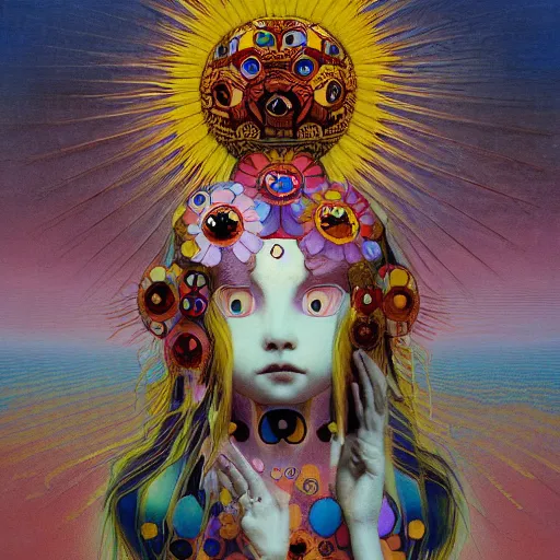 Image similar to the queen of the sun by takashi murakami and zdzisław beksiński, full body, oil on canvas, intricately detailed artwork, full 8k high quality resolution, recently just found unknown masterpiece