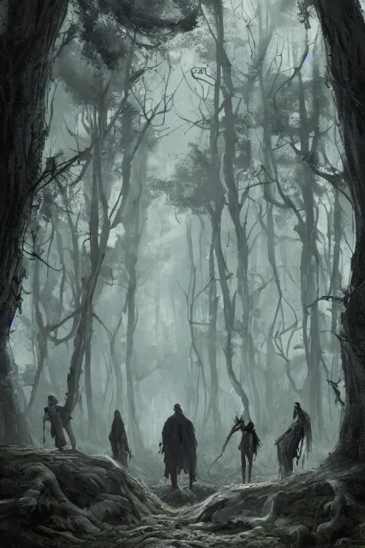 Prompt: A gang of frankensteins in the forest, horror, illustrated by Greg Rutkowski and Caspar David Friedrich., Trending on artstation, artstationHD, artstationHQ, 4k, 8k