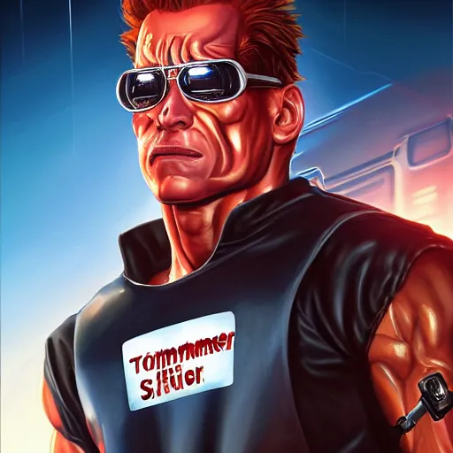 Image similar to an oil painting of the terminator as a mc donald worker, by artgerm, hd, hdr, ue 5, ue 6, unreal engine 5, realistic anime 3 d style, cinematic 4 k wallpaper, 8 k, ultra detailed, gta cover art, high resolution, artstation, award winning