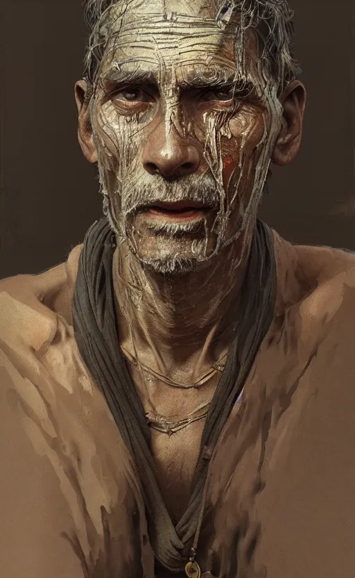 Image similar to a portrait of an ancient male beggar, transparent skin, dirty face, concept art, deep focus, intricate, highly detailed, digital painting, artstation, matte, sharp focus, illustration, art by greg rutkowski and alphonse mucha